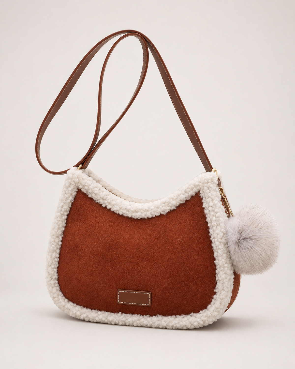 Women’s Fluffy Shoulder Bag with Pom Pom Charm in Brown, product only view