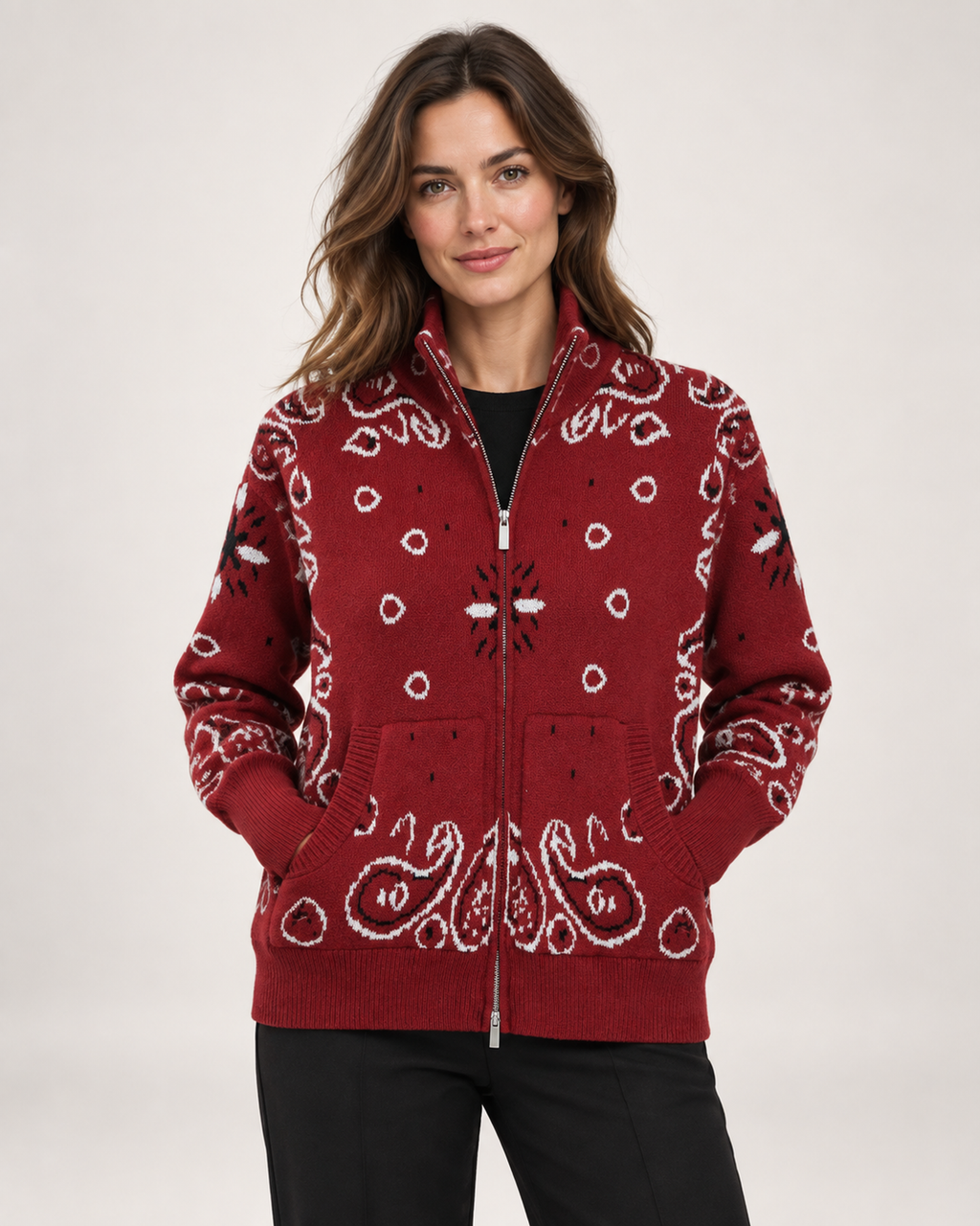 Women’s Knitted Cardigan with Zip Front and High Neck in Burgundy, upper body product focus view