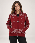 Women’s Knitted Cardigan with Zip Front and High Neck in Burgundy, upper body product focus view