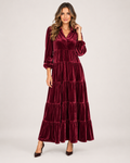 Women’s Velvet Maxi Dress with Collar and Tiered Skirt in Burgundy, full body view