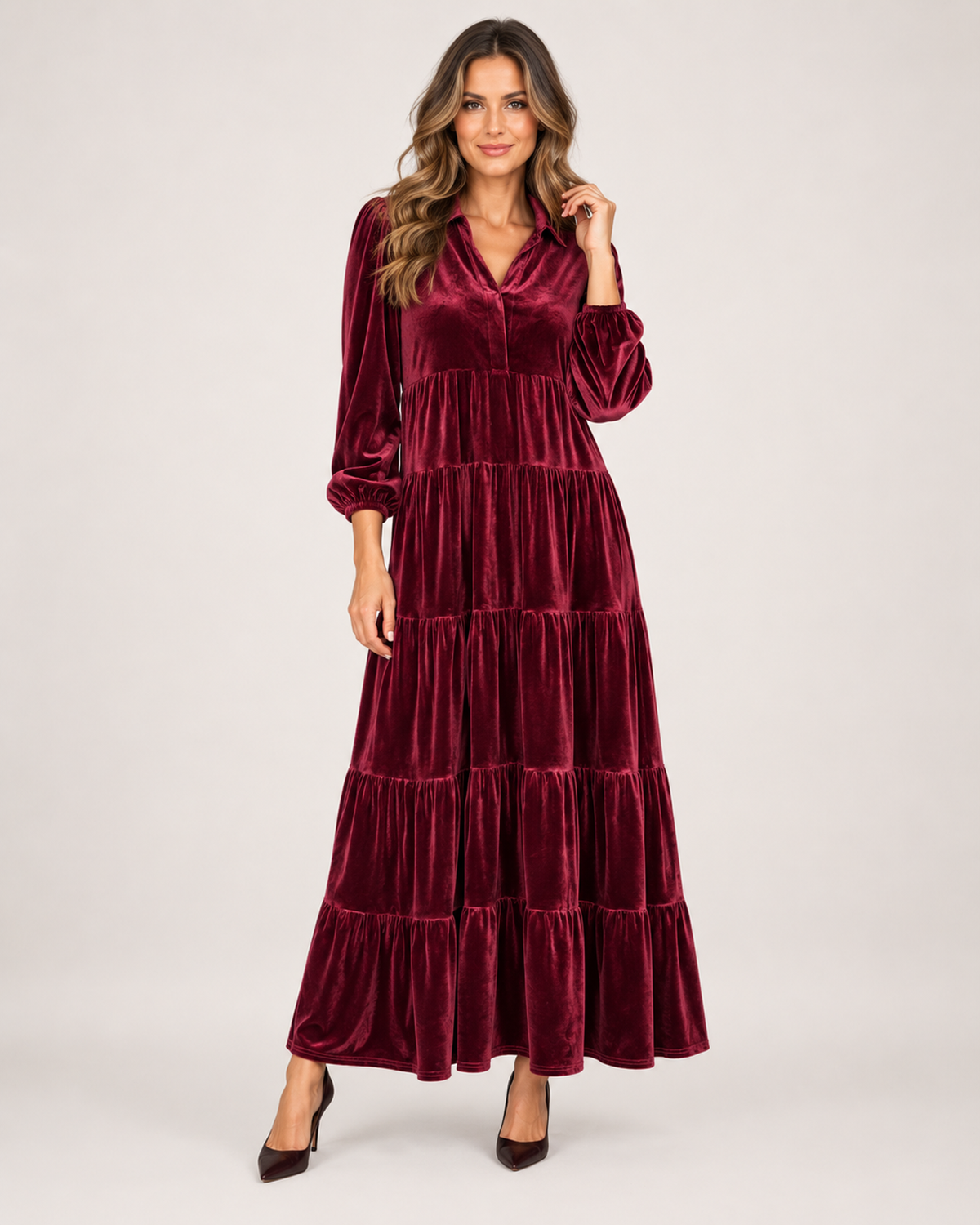 Women’s Velvet Maxi Dress with Collar and Tiered Skirt in Burgundy, full body view