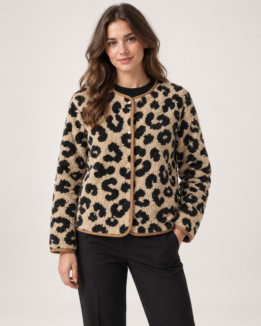 Women’s Leopard Print Jacket with Contrast Lining in Camel, short outerwear product focus view
