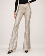 Women’s Sequin Trousers with Flared Legs in Champagne, lower body product focus view