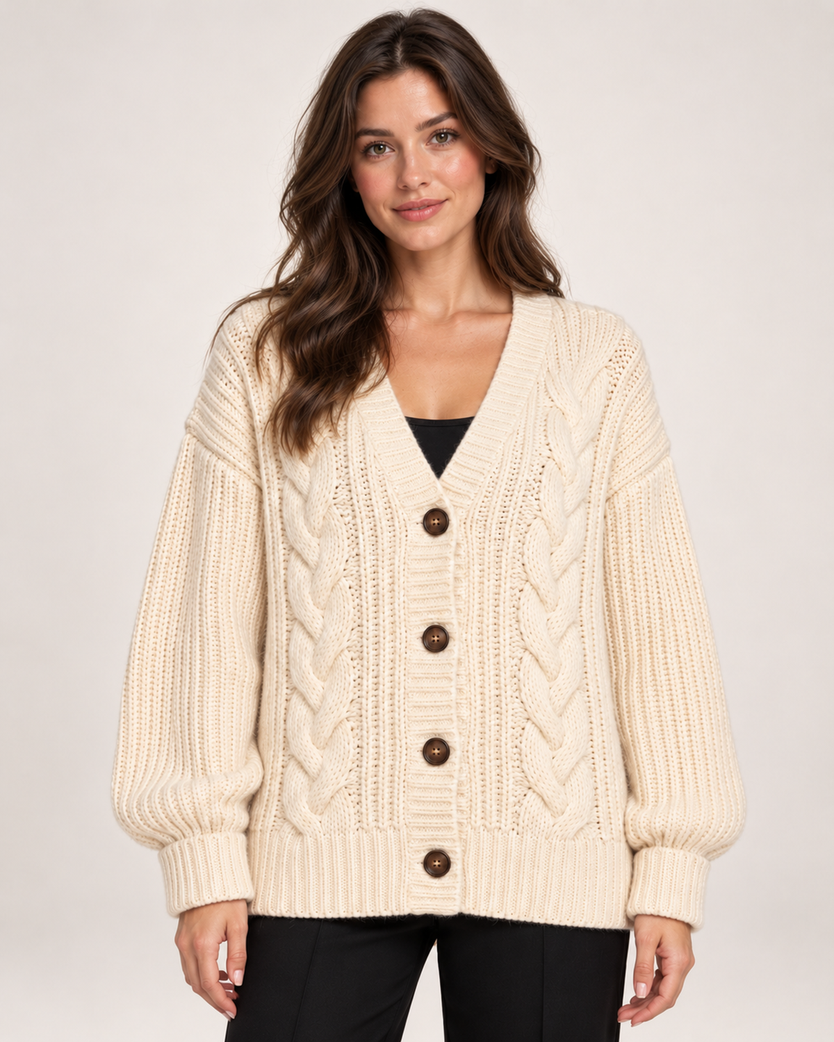 Women's cream chunky cable knit button cardigan front view