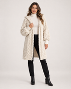 Women’s Longline Cardigan with Hood and Cable Texture in Cream, full body view