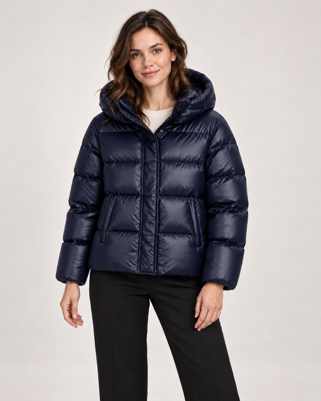 Women’s Puffer Jacket with Hood and Zip Front in Dark Blue, short outerwear product focus view