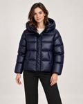 Women’s Puffer Jacket with Hood and Zip Front in Dark Blue, short outerwear product focus view