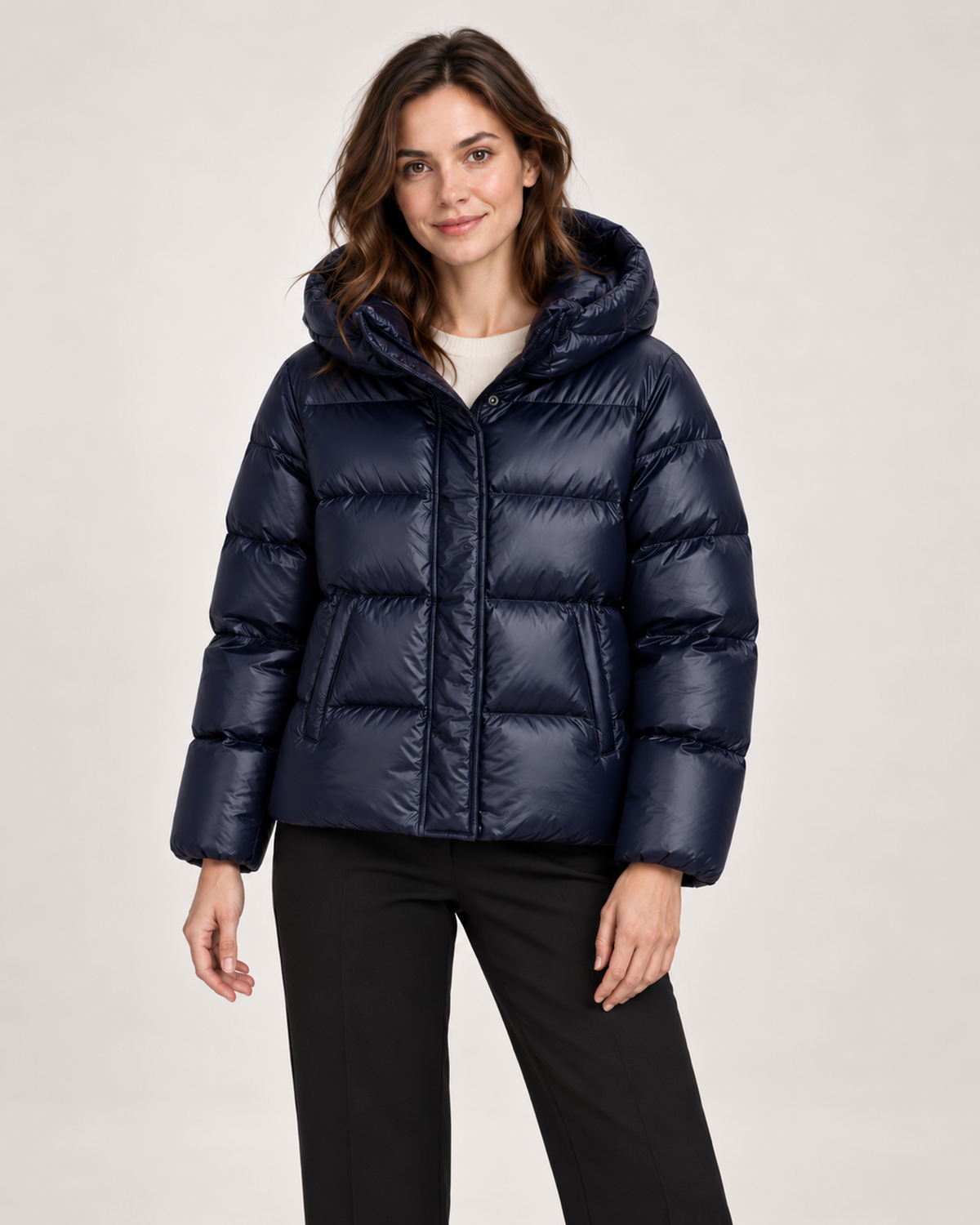 Women’s Puffer Jacket with Hood and Zip Front in Dark Blue, short outerwear product focus view