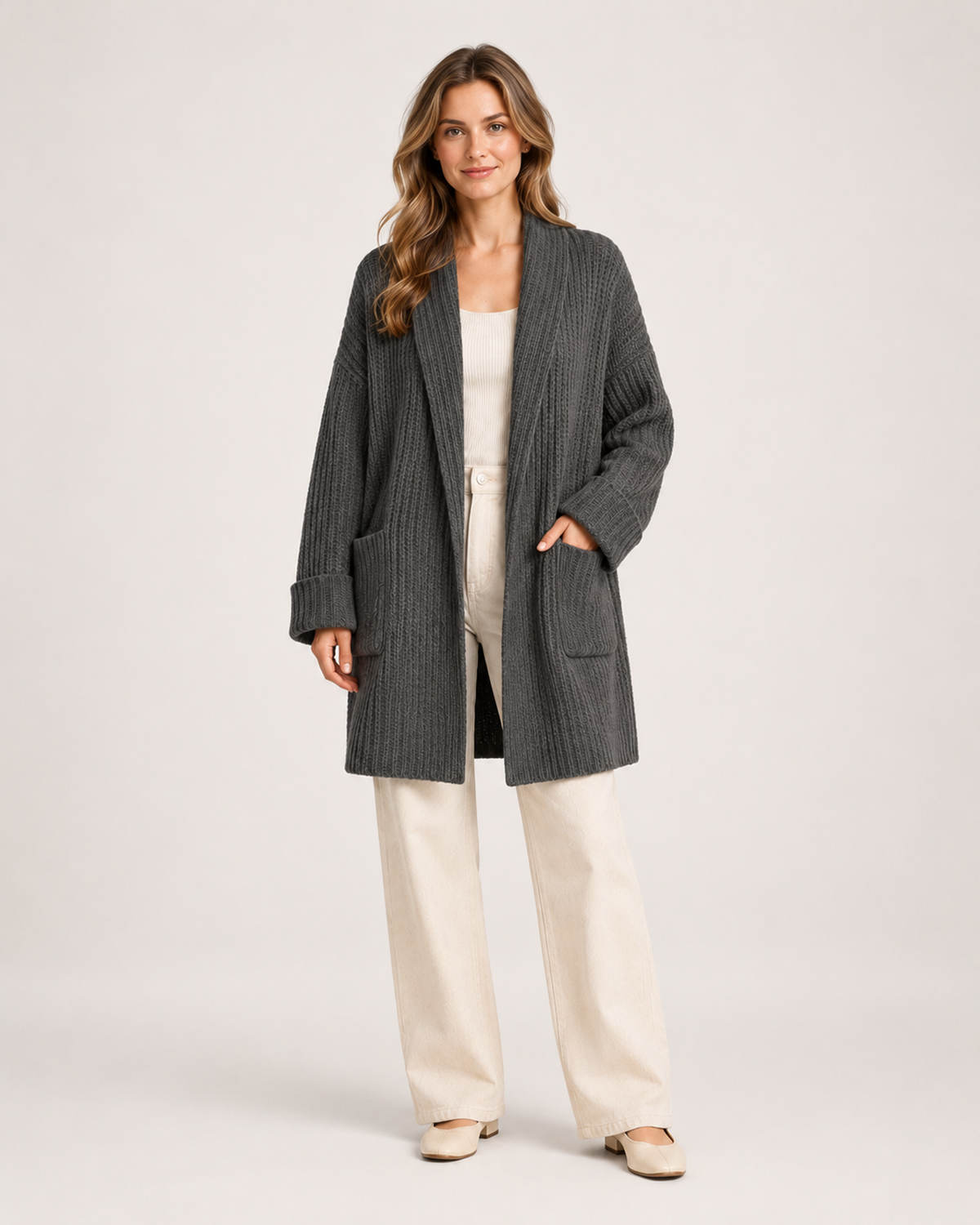 Women's Longline Knitted Cardigan dark grey front view