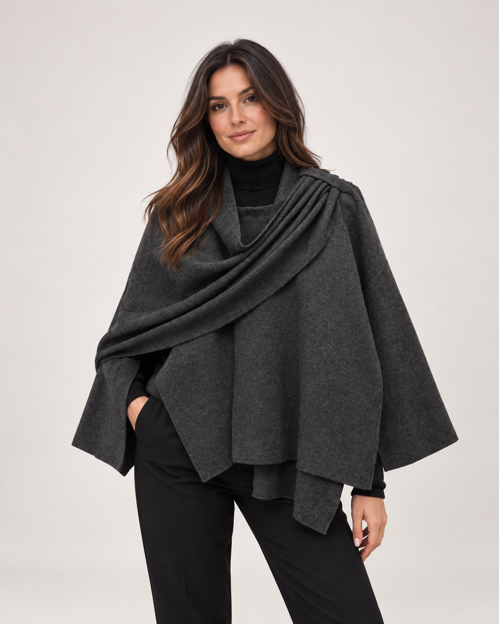 Women’s Cape Coat with Asymmetric Scarf Collar in Dark Grey, lower body product focus view