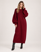 Women’s Knitted Maxi Dress with Balloon Sleeves in Dark Red, full body view