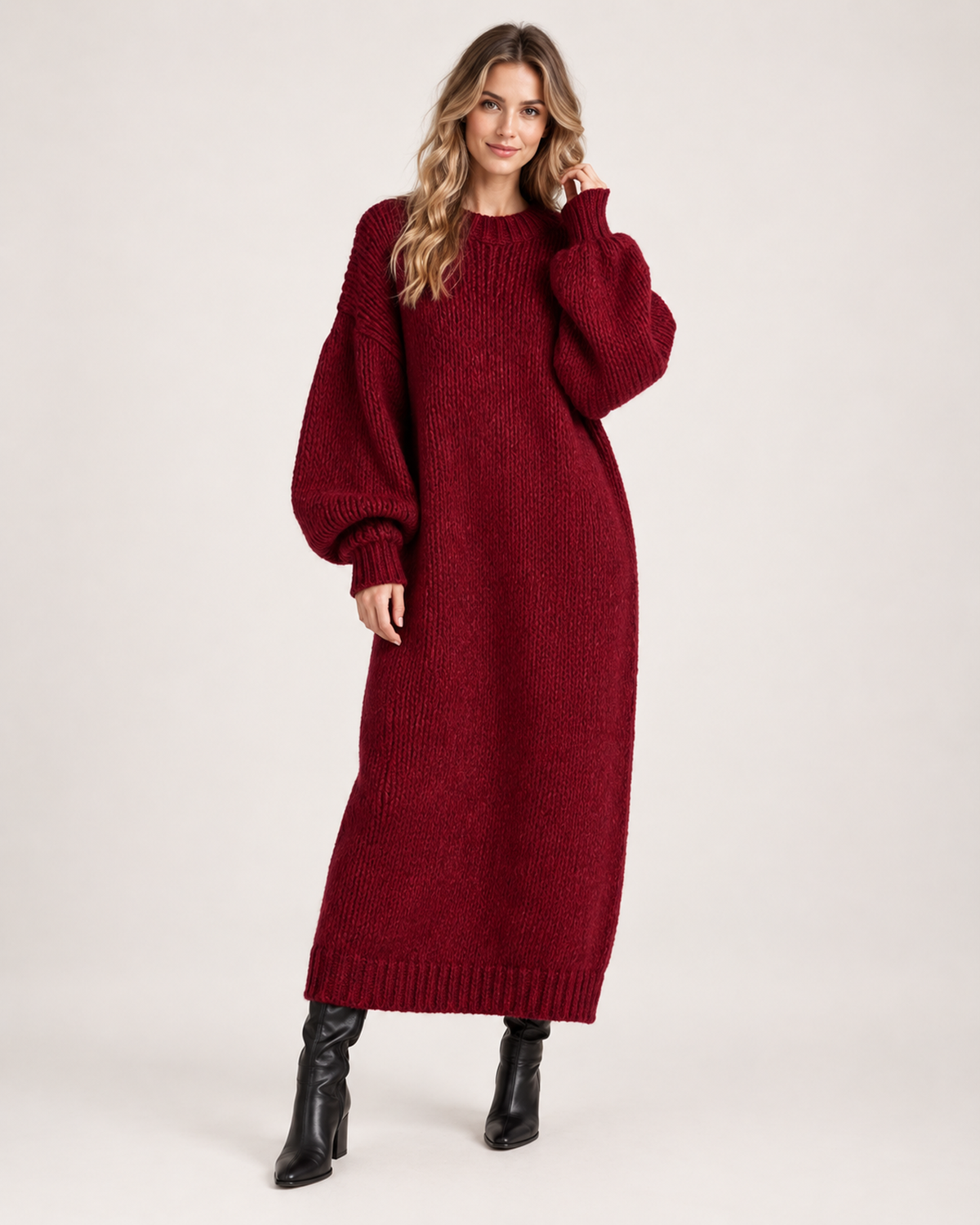 Women’s Knitted Maxi Dress with Balloon Sleeves in Dark Red, full body view