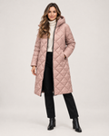 Women’s Long Puffer Jacket with Hood and Diamond Quilting in Dusty Pink, full body view