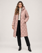 Women’s Long Puffer Jacket with Hood and Diamond Quilting in Dusty Pink, full body view