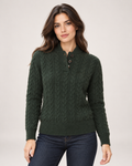 Women's Cable Knit Jumper with Button Neck green front view