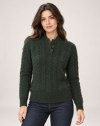 Women's Cable Knit Jumper with Button Neck green front view