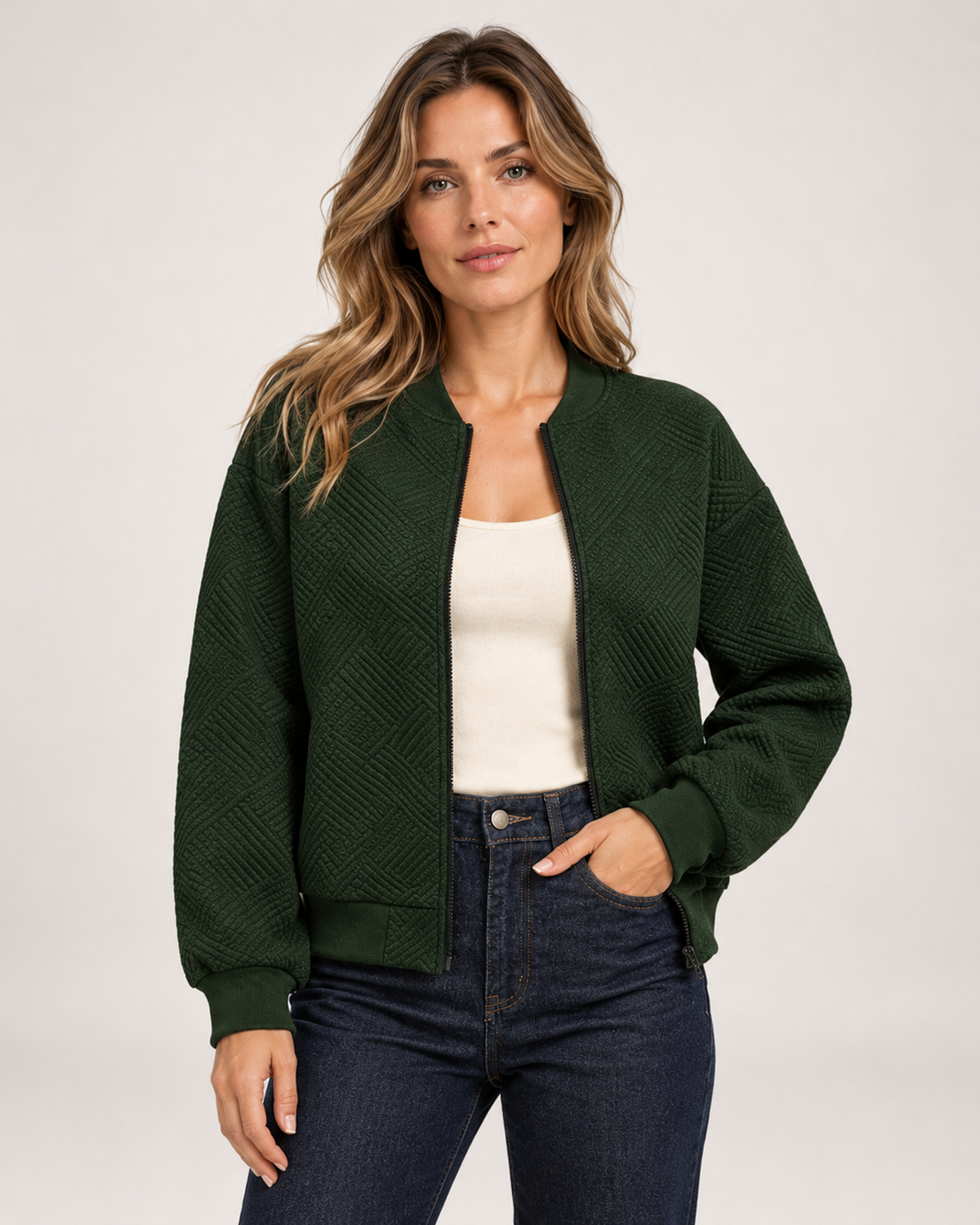 Women's Zip Up Cardigan with Textured Knit green front view