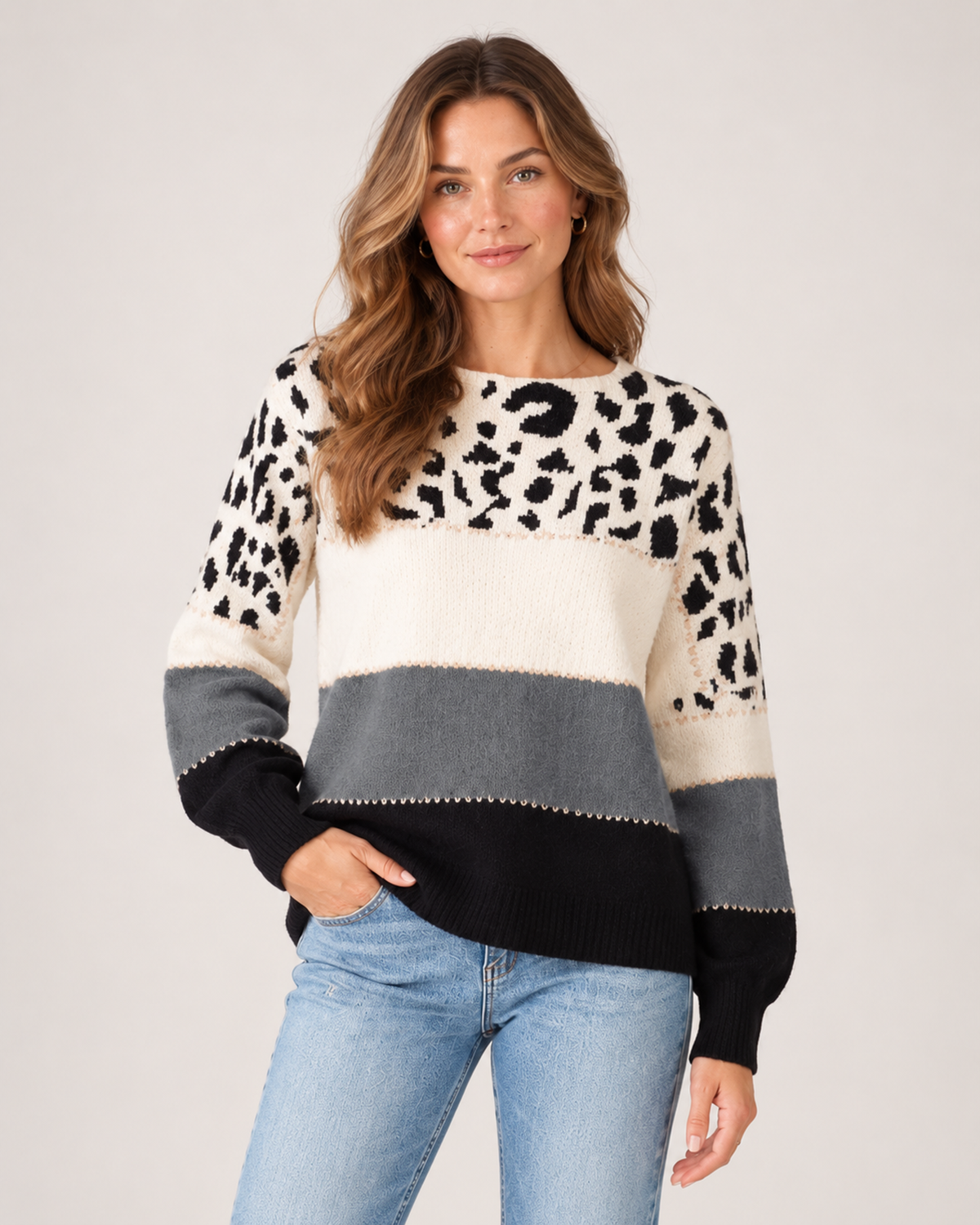 Women's Knitted Jumper Patterned Colour Block Crew Neck Style grey front view