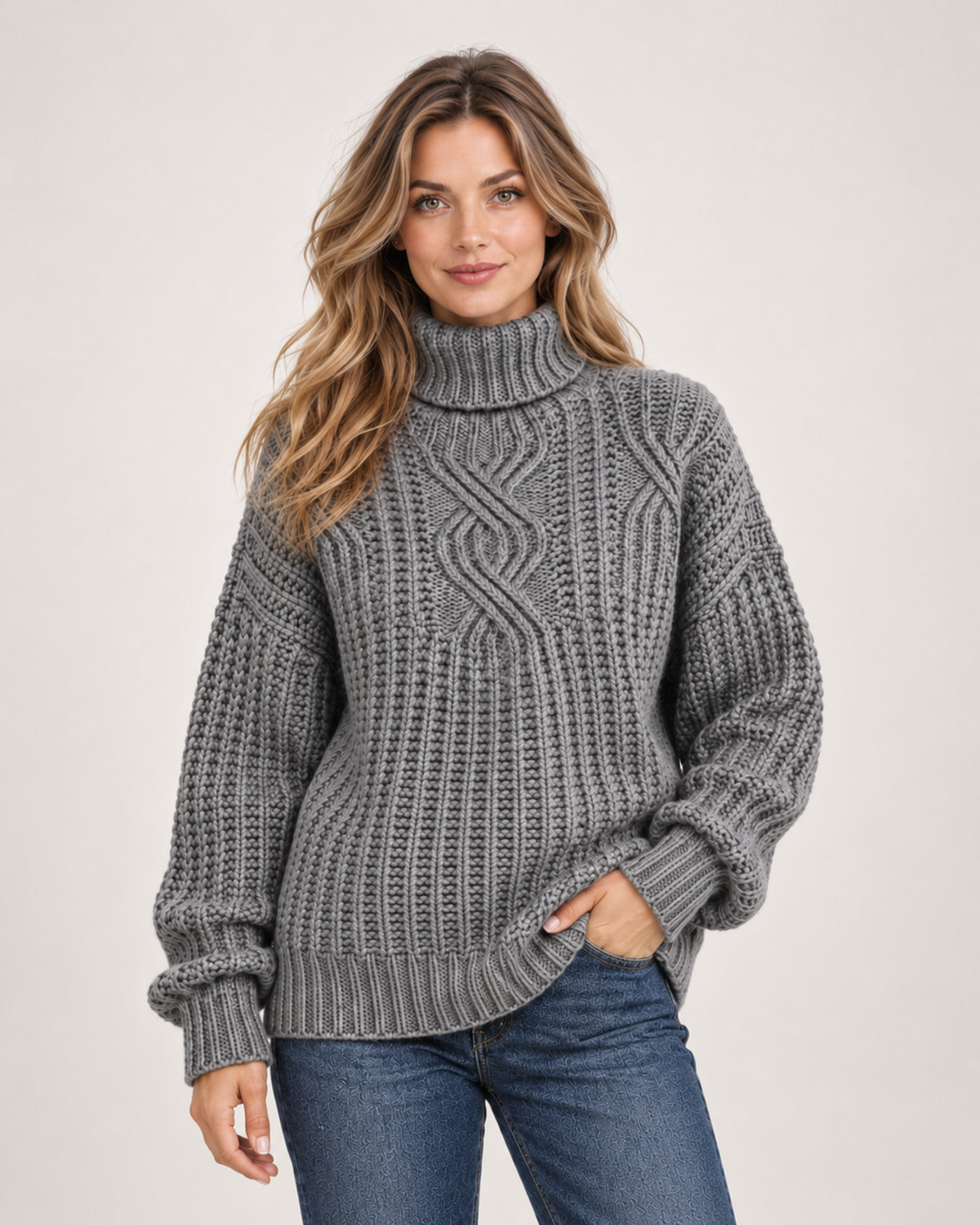 Women's Roll Neck Jumper with Cable Knit grey front view