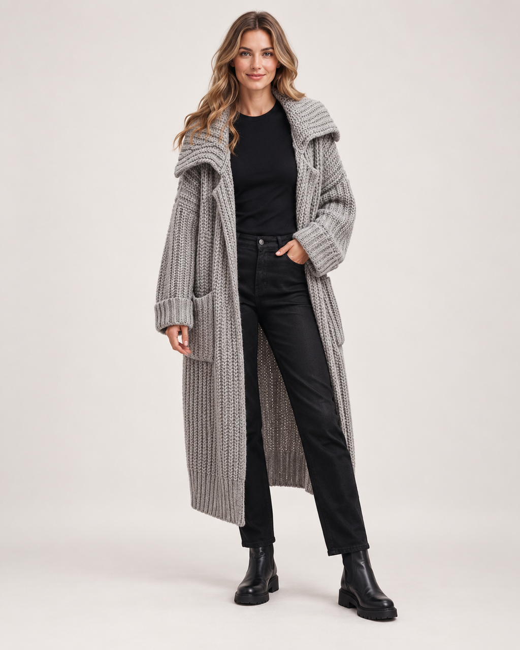 Women’s Long Cardigan with Shawl Collar in Grey, full body view