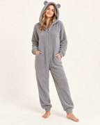Women’s Fleece Onesie with Hood and Bear Ear Detail in Grey, full body view