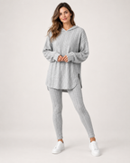 Women’s Loungewear Set with Hooded Longline Top and Leggings in Grey, full body view