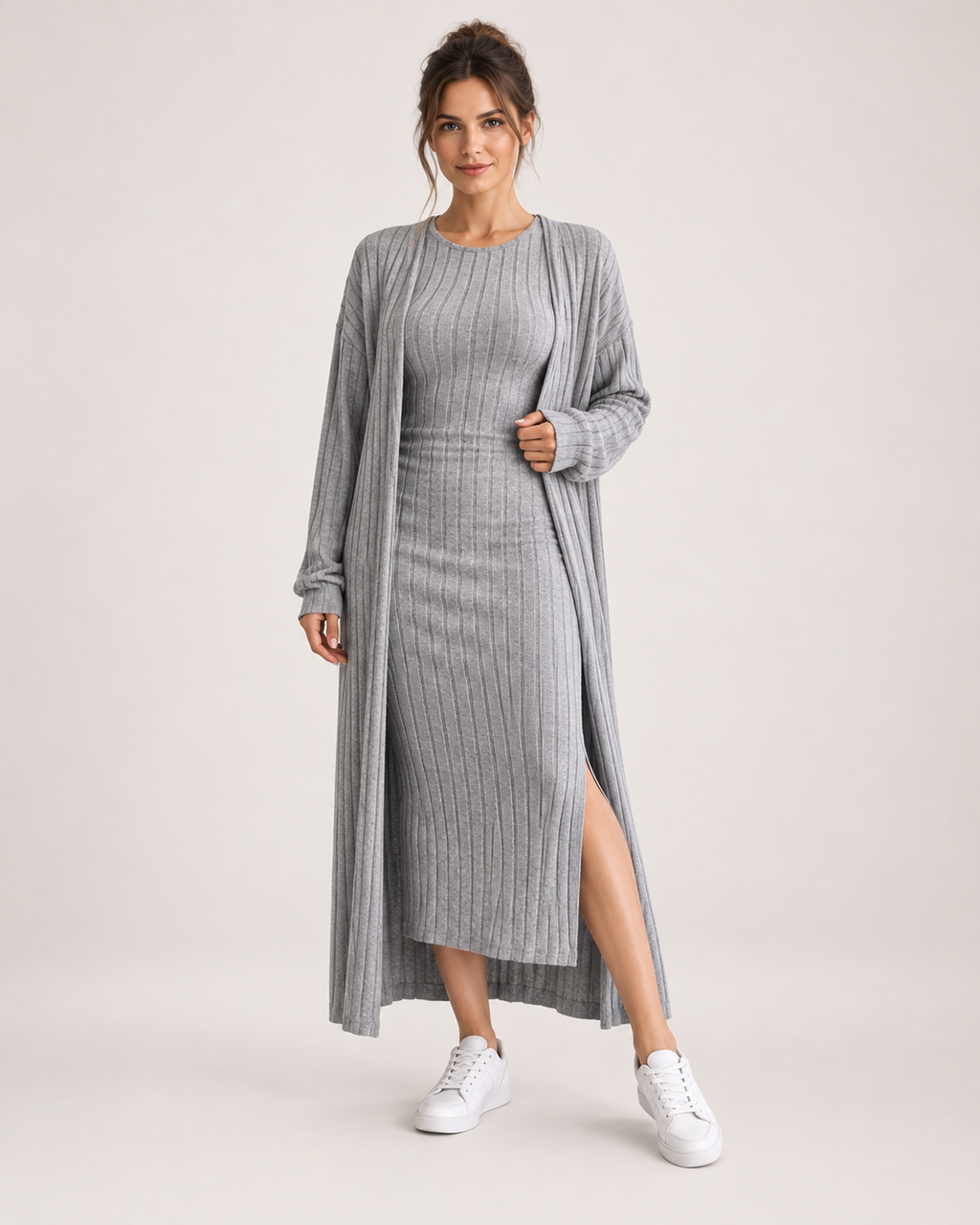 Women’s Knitted Dress Set with Long Cardigan in Grey, full body view