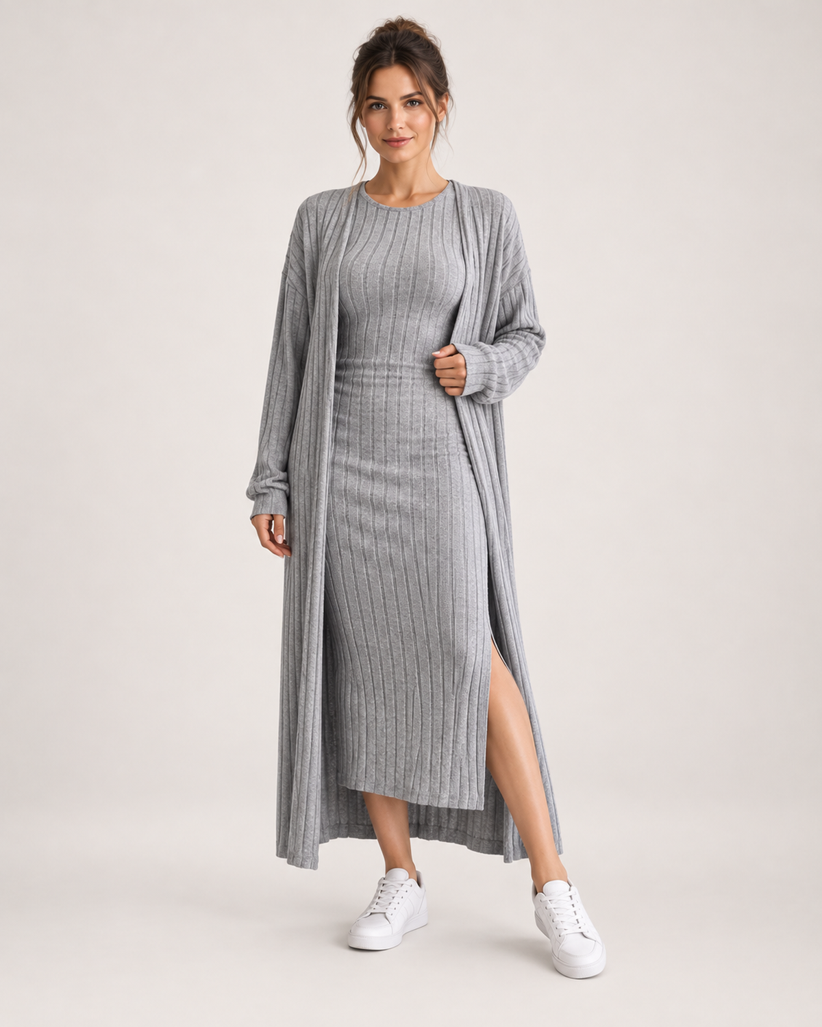 Women’s Knitted Dress Set with Long Cardigan in Grey, full body view