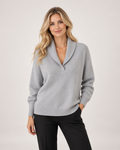 Women’s V Neck Jumper with Shawl Collar in Grey, upper body product focus view