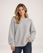 Women’s Fluffy Jumper with Crew Neck in Grey, upper body product focus view