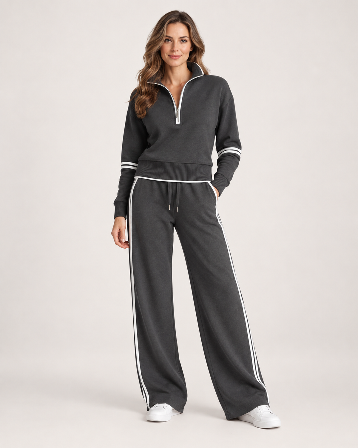Women’s Tracksuit Set with Contrast Stripe Trim in Grey, full body view