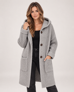 Women’s Long Hooded Cardigan with Chunky Texture in Grey, upper body product focus view