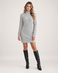 Women’s Jumper Dress with Ribbed Finish and Roll Neck in Grey, full body view