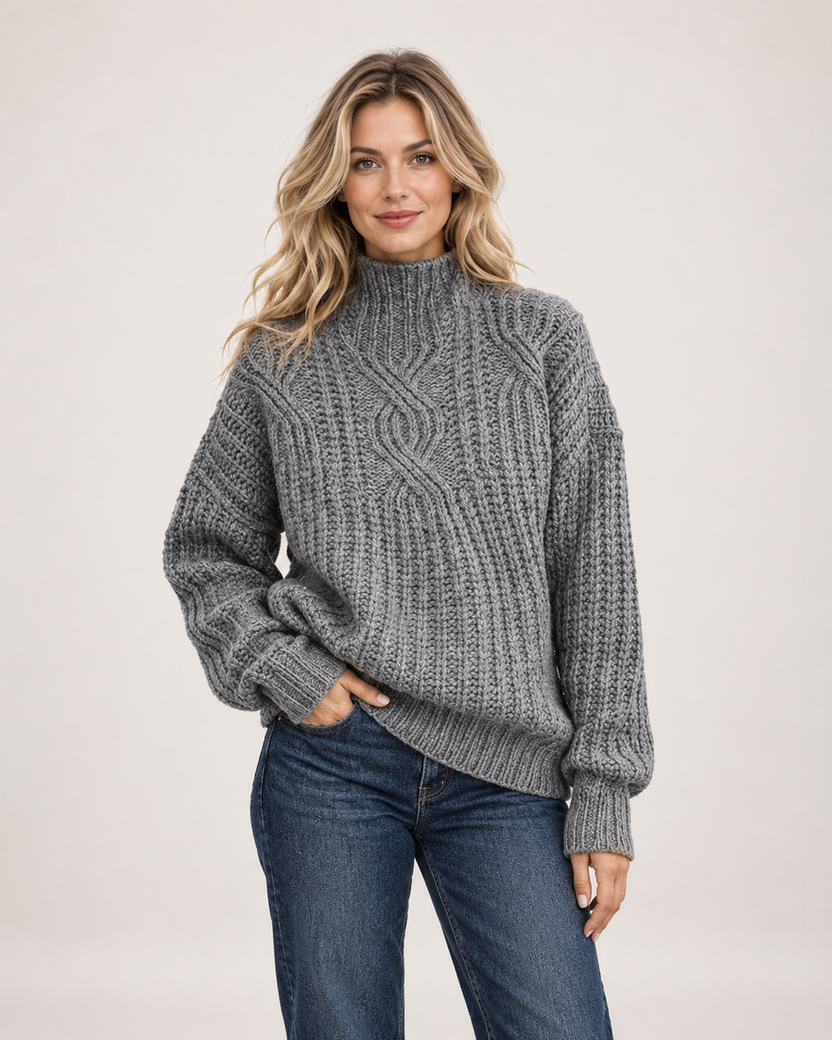 Women’s Roll Neck Jumper with Cable Knit in Grey, upper body product focus view