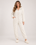 Women’s Fleece Pyjamas with Hood and Zip Front in Ivory, full body view