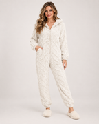 Women’s Fleece Pyjamas with Hood and Zip Front in Ivory, full body view