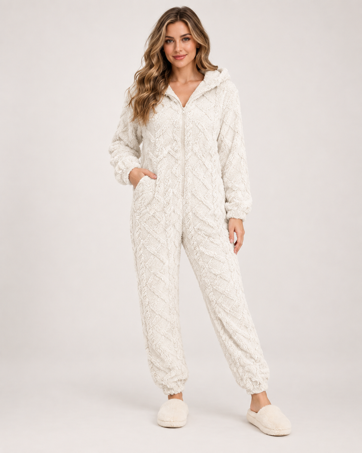 Women’s Fleece Pyjamas with Hood and Zip Front in Ivory, full body view