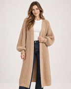 Women's Long Cardigan with Balloon Sleeves khaki front view