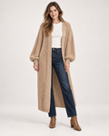 Women’s Long Cardigan with Balloon Sleeves in Khaki, full body view