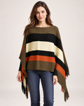 Women’s Poncho with Colour Block Design and Tassel Hem in Khaki, upper body product focus view