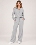 Women’s Tracksuit Set with Half-Zip Top and Wide-Leg Trousers in Light Grey, full body view
