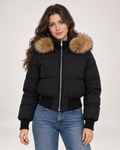 Women's black cropped puffer jacket with faux fur hood trim front view