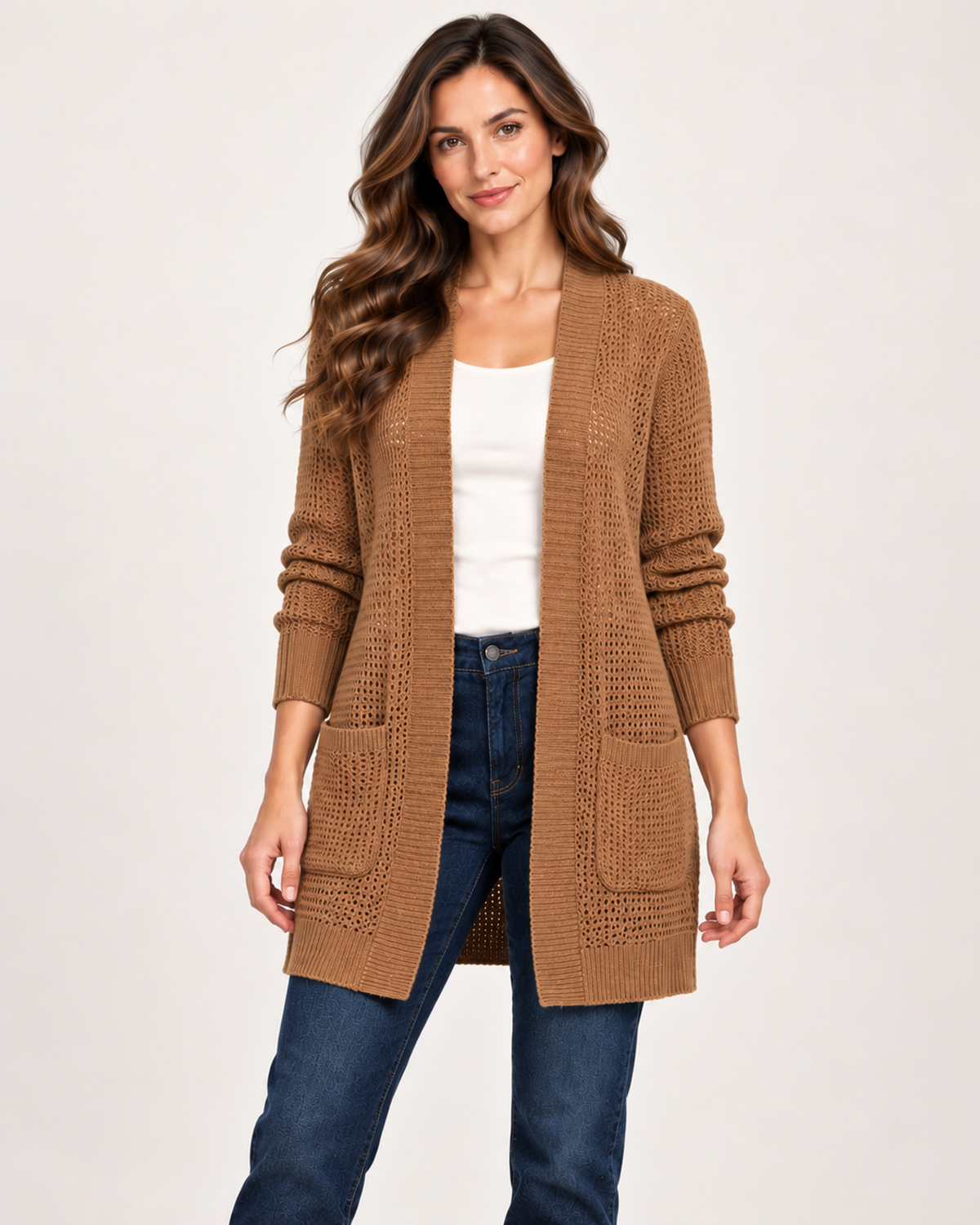 Women's brown open front coatigan with pockets front view