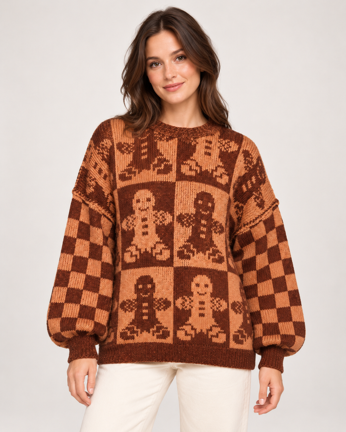Women's brown Christmas jumper with gingerbread pattern