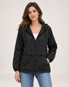 Women's black lightweight hooded utility jacket front view