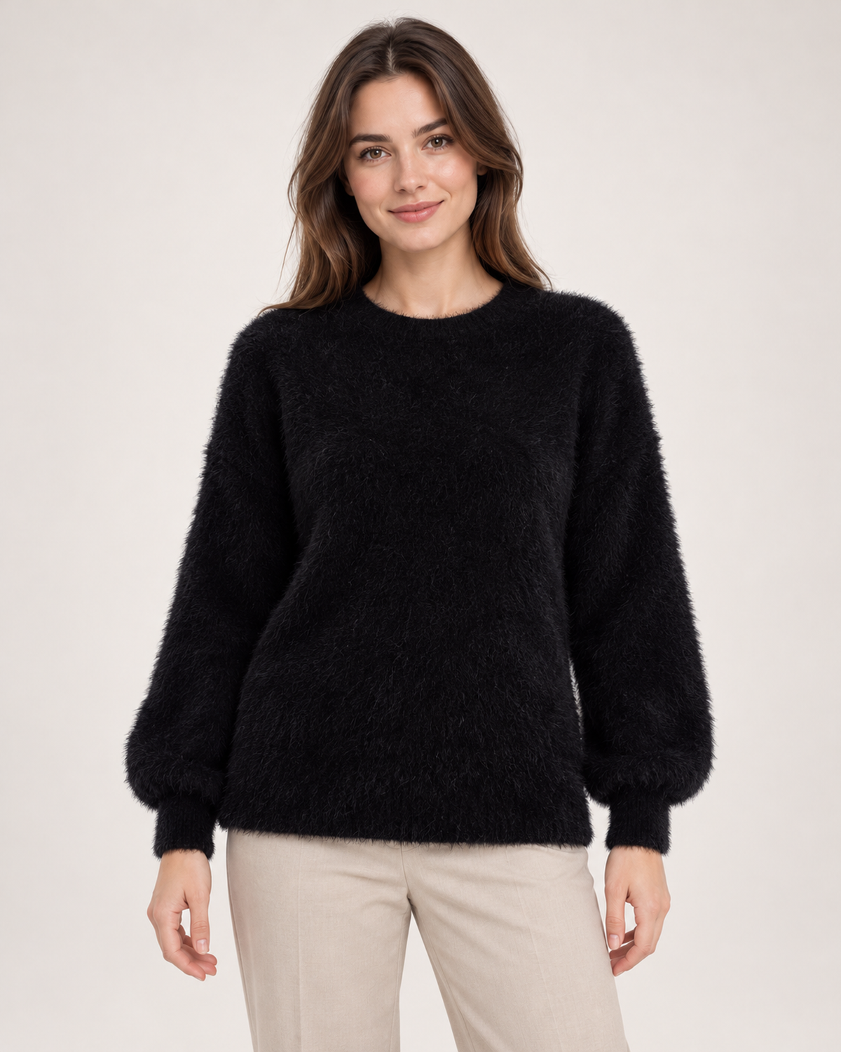 Women's black fluffy crew neck jumper front view
