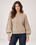 Women’s beige cable knit jumper with balloon sleeves front view