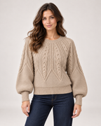 Women’s beige cable knit jumper with balloon sleeves front view