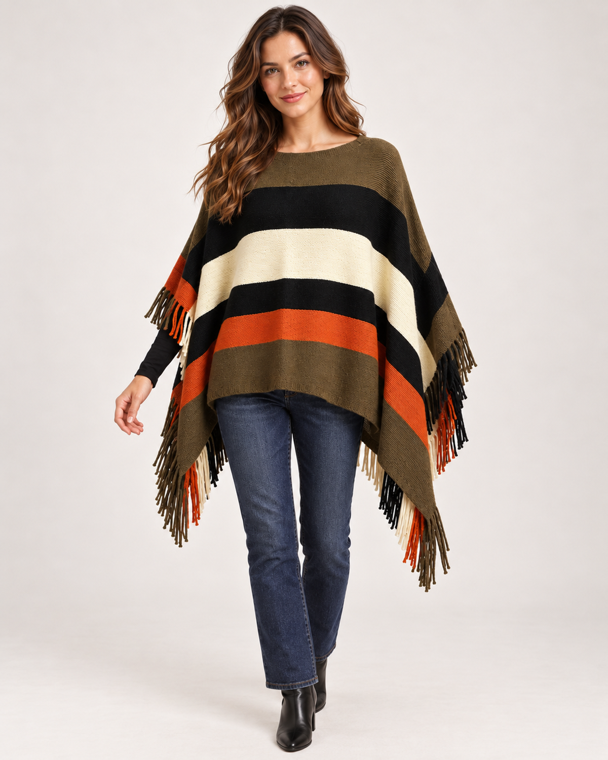 Women's khaki colour block poncho front view