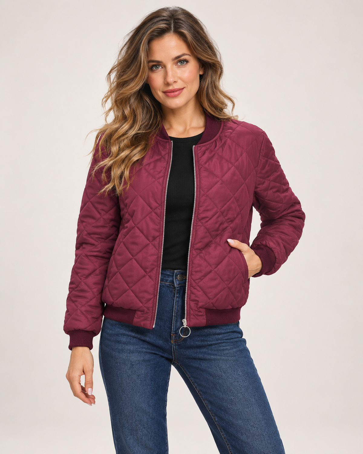 Women's Quilted Jacket with Stand Collar wine red front view
